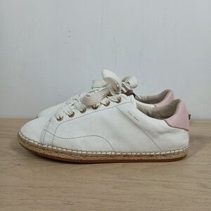 Coach White Leather Espadrille Lace Up Sneakers with Pink Heel Accent 165